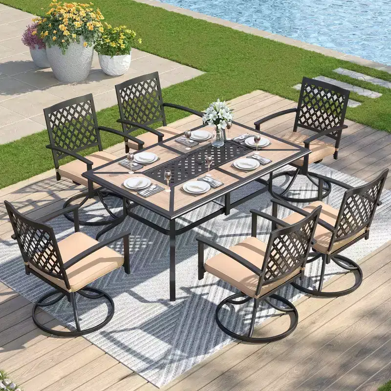 7pc Patio Dining Set with Rectangular Table with Umbrella Hole & Swivel Chairs - Captiva Designs