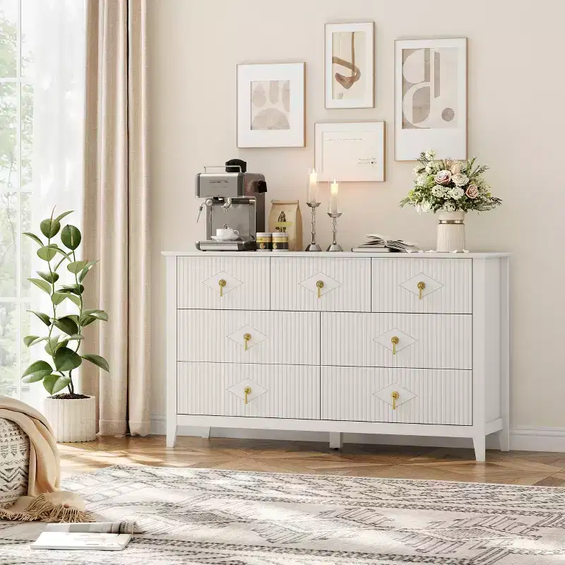 54 Wide Modern Fluted Chest of Drawers, 7 Drawers Wooden Dresser with Metal Handle, Storage Organizer for Bedroom, Living Room & Hallway