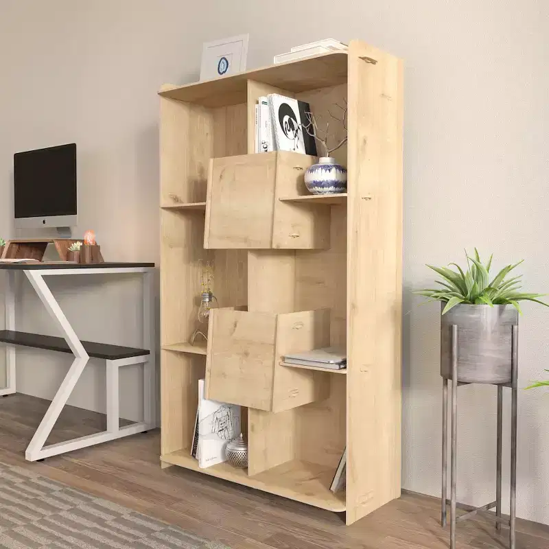 Modern Bookcase with 2 Cabinets and 6 Open Cubbies