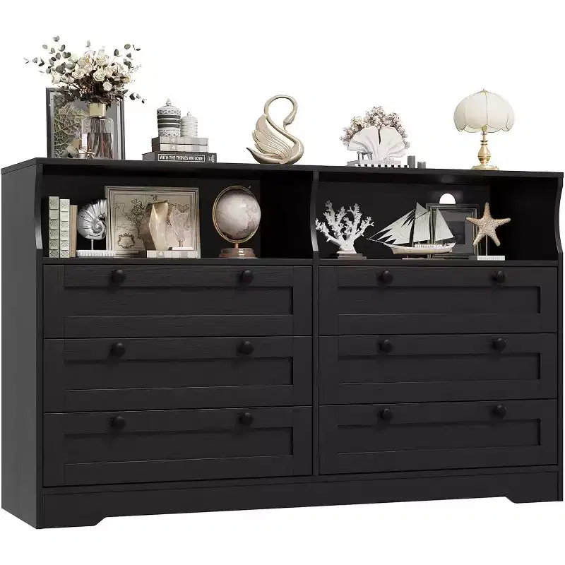 6 Drawer Dresser for Bedroom, with RGB LED Lights & Power Outlet, 55 Wide Chests of Drawers Dresser TV Stand for 55 Inch TV,for Living Room,Entryway