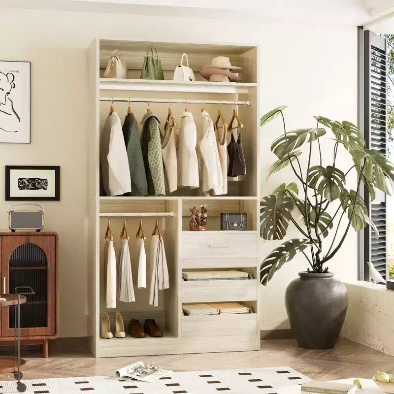 36-In Closet Organizer with Wood Drawers, Freestanding Closet System with Hanging Rods