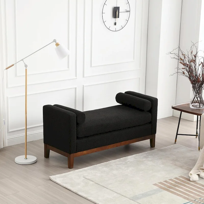 Elegant 53.5 Upholstered Ottoman Bench with Wood Legs & Bolster Pillows