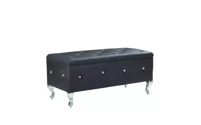 Tufted Storage Ottoman Bench with Crystal Buttons & Flannel Upholstery, 38.5