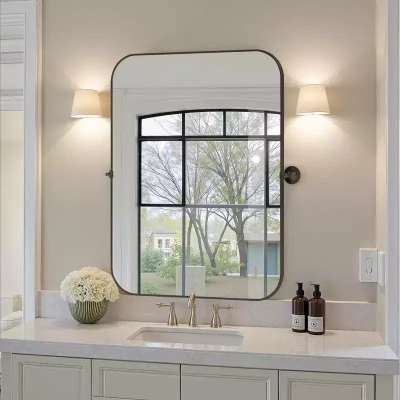 80cm Black Iron Rectangular Mirror with Rounded Corners and Rotating Hardware, 4cm Depth