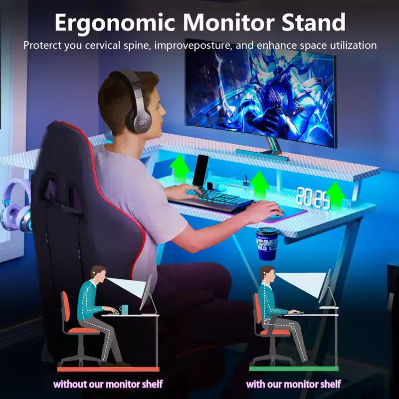 47 inch White Gaming Desk L Shaped Corner Computer Table with Monitor Stand 3 Tier Storage Shelves Bedroom Study Home Office PC Setup Sturdy Work Desk