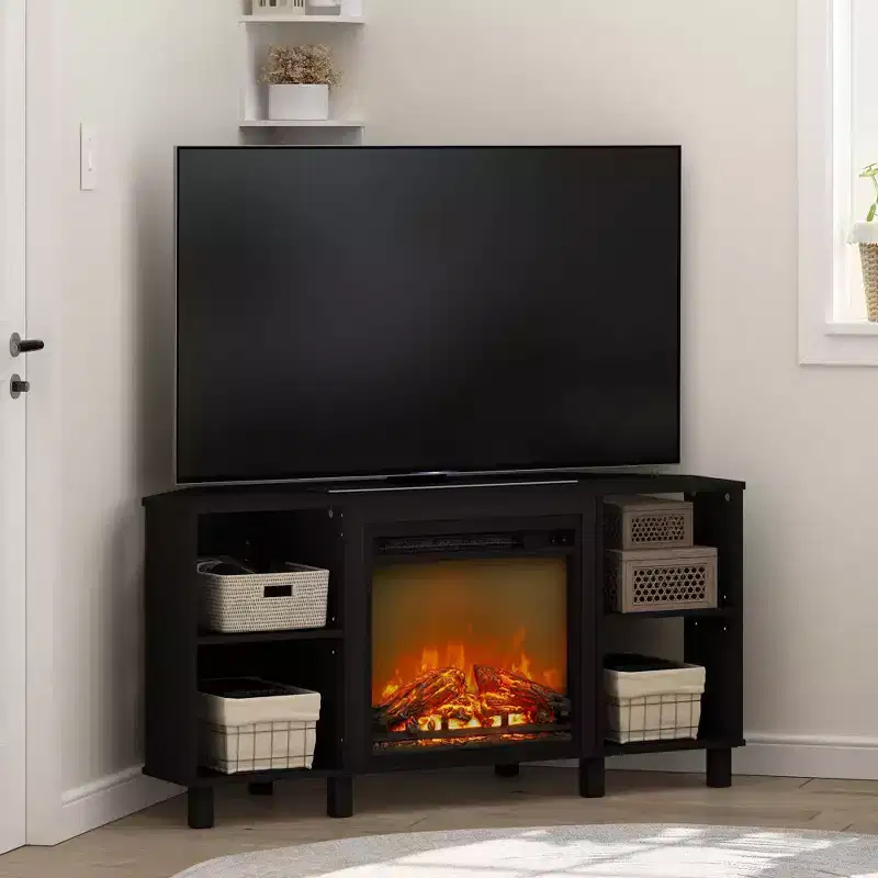 Furinno Corner Fireplace TV Stand Entertainment Console W/4 Open Storage Compartments for TV up to 55,Americano