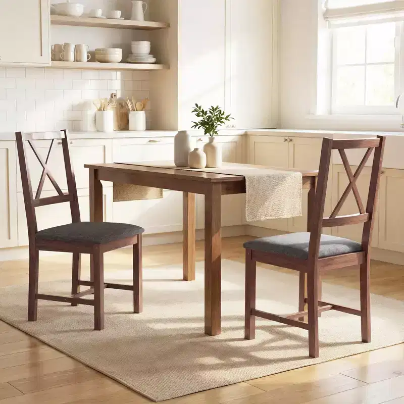 HOMCOM Farmhouse Wooden Dining Chairs, Upholstered X-Back Kitchen Chairs with Rubberwood Legs and Padded Seat for Dining Room, Gray