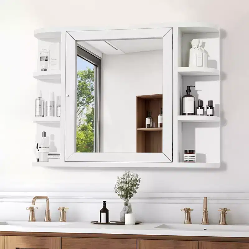 MAYEERTY 5.9 x 31.5in Modern Rectangular Bathroom Medicine Cabinets, Metal Framed Wall Mirror with Storage, White