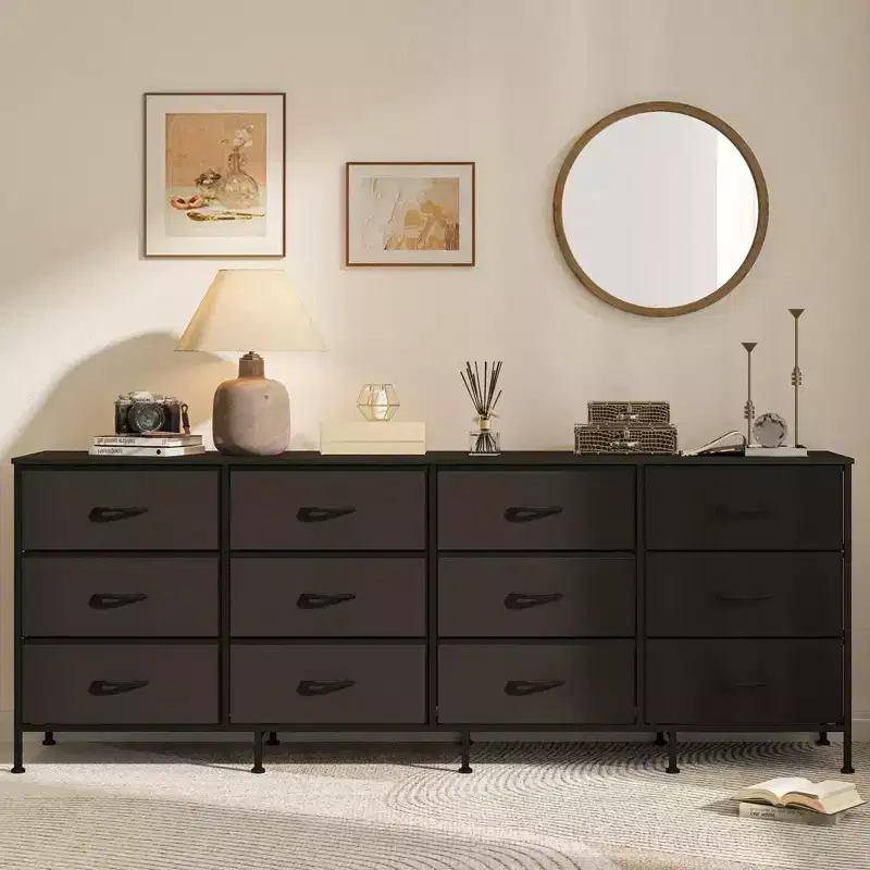 70Dresser with 12 Fabric Drawers & Charging Station | Extra Wide TV Stand for 65-80 Inch TVs, Entertainment Center Storage for Living Room, Bedroom