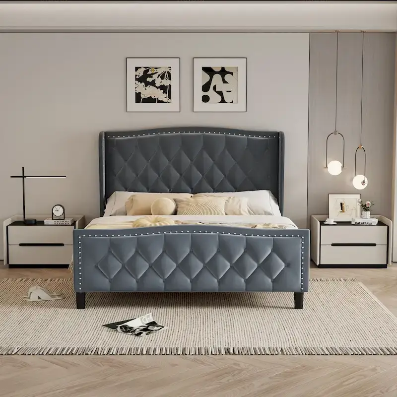 Queen Size Upholstered Platform Bed with Wingback Headboard and Wood Slat Support