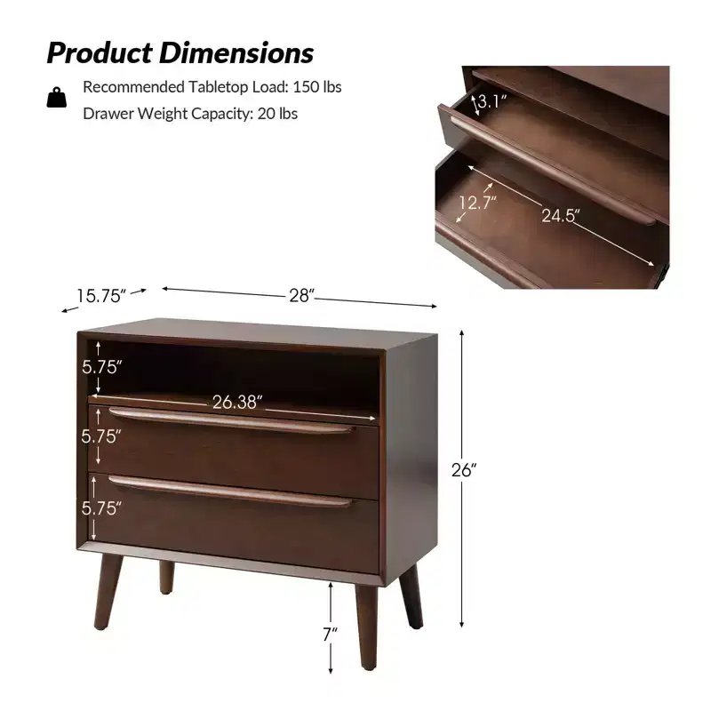 Margery Mid-century Modern 2 - Drawer end table with Built-In Outlets and Cable Management and Open Shelf | HULALA HOME