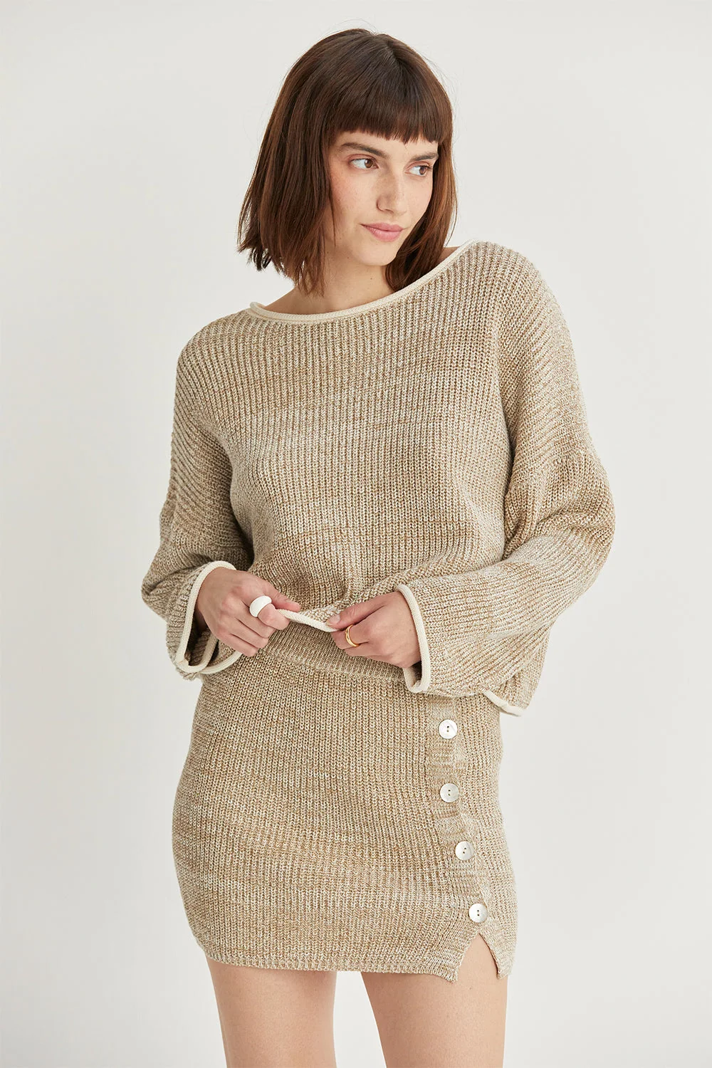 Marled Cotton Sweater Mini Skirt with Faux Button Detail