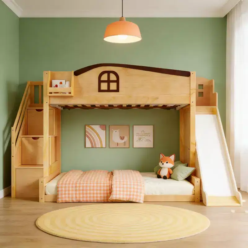 Twin over Full Bunk Bed with Slide, Shelves, Storage Staircase and Wardrobe for Kids' Room