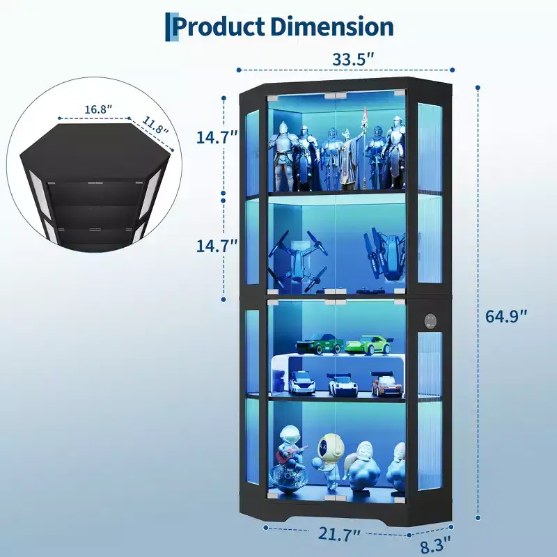 Glass Display Cabinet, 4-Tier Curio Cabinets, Corner Curio Cabinets for Collectibles/Toys/Books, Storage Cabinets for Living Room
