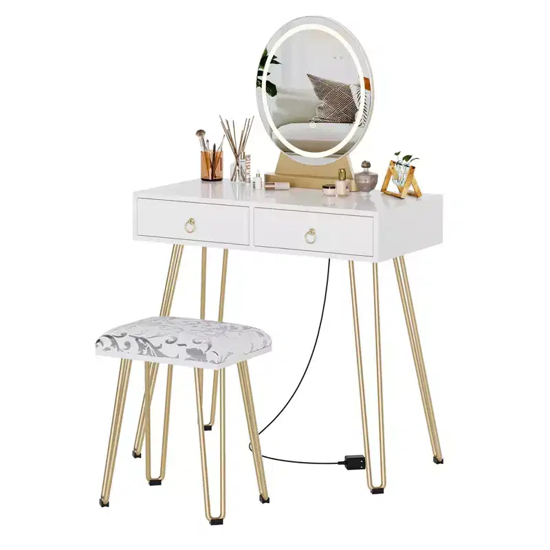 GustoWave Vanity Desk with Stool, Small Makeup Vanity Table with 3 Lighting Modes Brightness Adjustable, 32 Inch Makeup Vanity Table with 2 Drawers