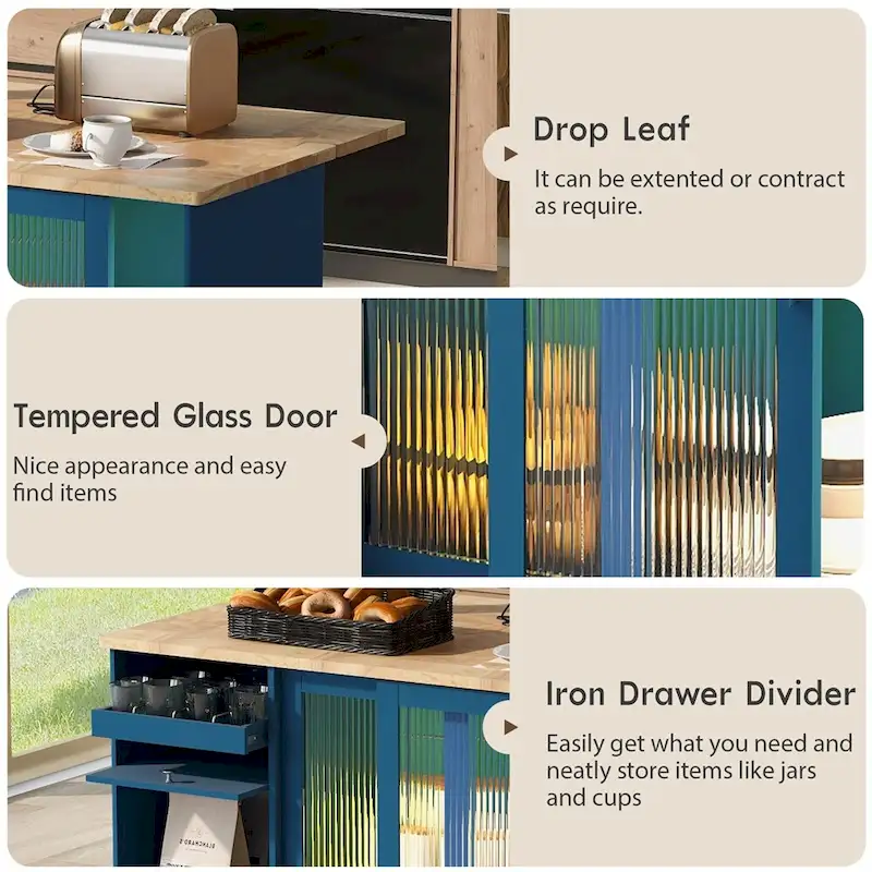Kitchen Island with Drop Leaf,LED Light Kitchen Cart on Wheels