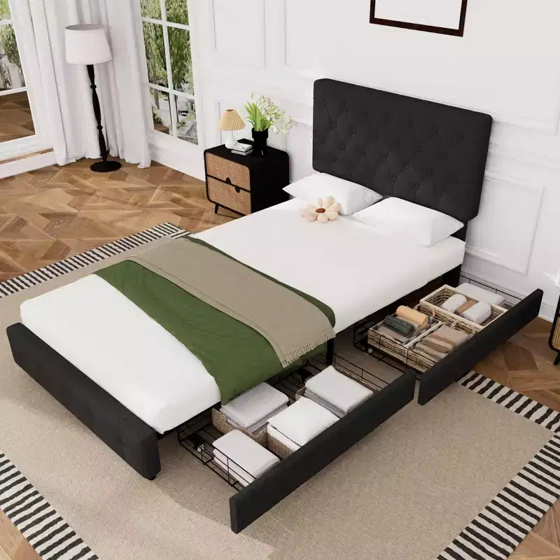 HYLEORY Queen Storage Bed Frame with 4 Drawers & Headboard, Upholstered Platform Bed Frame