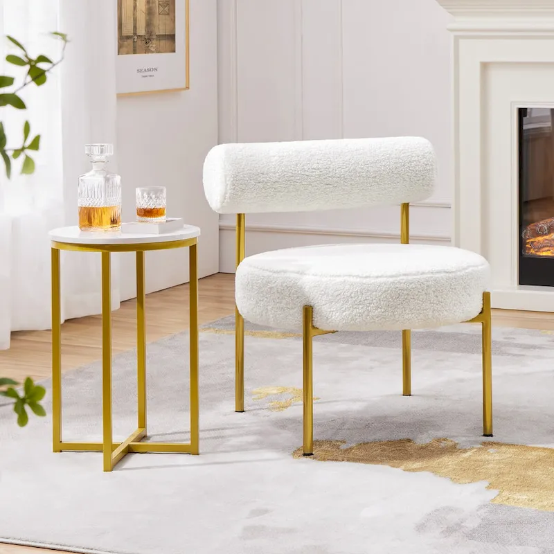 Yaheetech Boucle Gold Metal Legs Accent Chair With Round Padded Seat, White - 252326