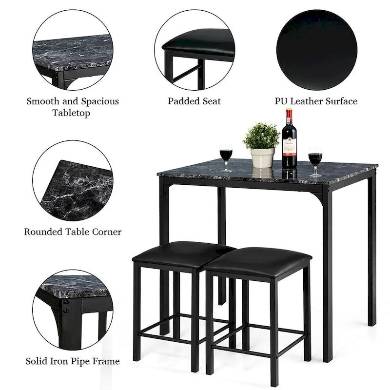 Costway 3 Piece Counter Height Dining Set Faux Marble Table 2 Chairs