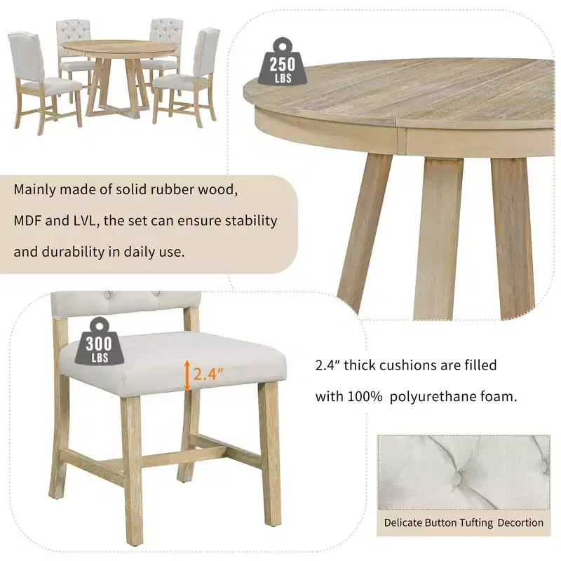 Whisen Retro Style 5-Piece Extendable Dining Set with 4-Botton Tufted Upholstered Chairs