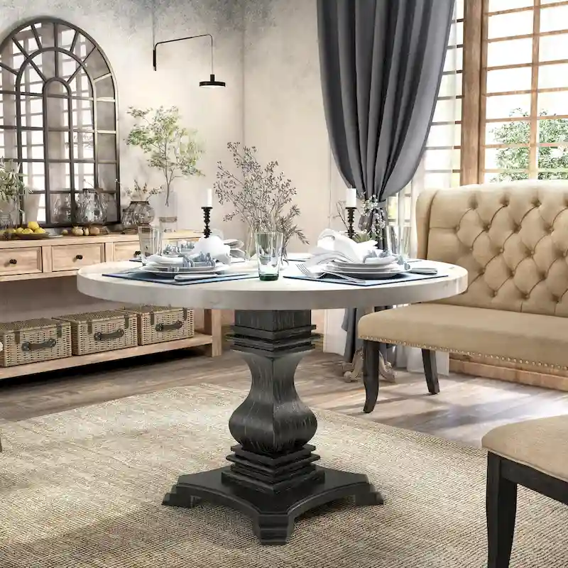 White & Antique Black Pedestal Dining Table, Seats 4