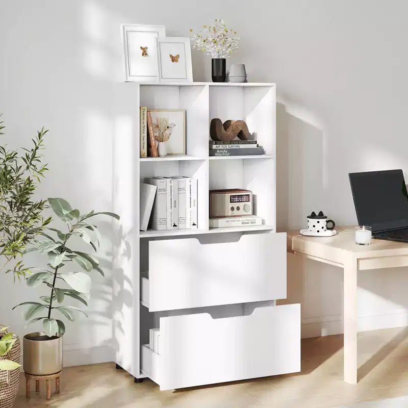 Costway Bookcase with 2 Drawers 4-Tier Open Bookshelf with 4 Storage Cubes for Home Office