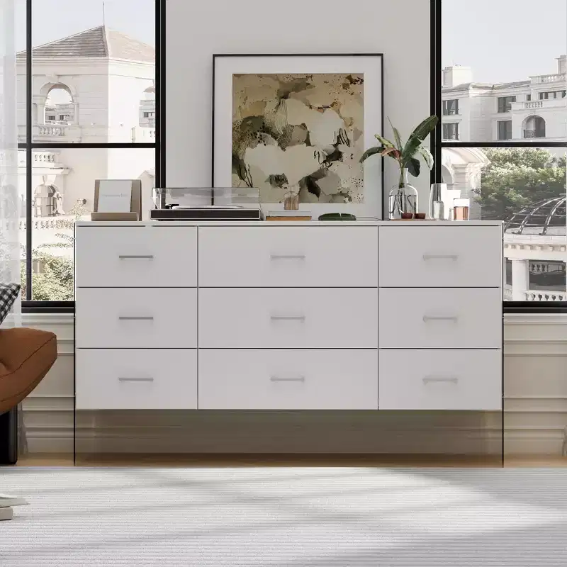 White 9-Drawer Dresser with Tempered Glass High Legs, Floating Visual Effect + Anti-Tipping Design