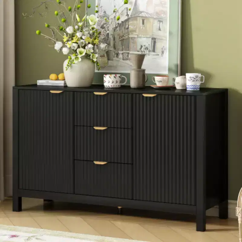 47 Modern Wave Sideboard Buffet, 3-Drawer Storage Cabinet with Fluted Texture, Soft-Close Doors, Gold Handles for Entryway - Panipeachy
