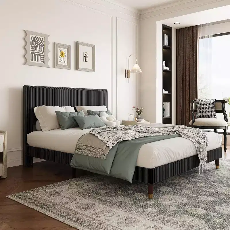GustoWave Soft Corduroy Fabric Platform Bed Frame with Upholstered Headboard