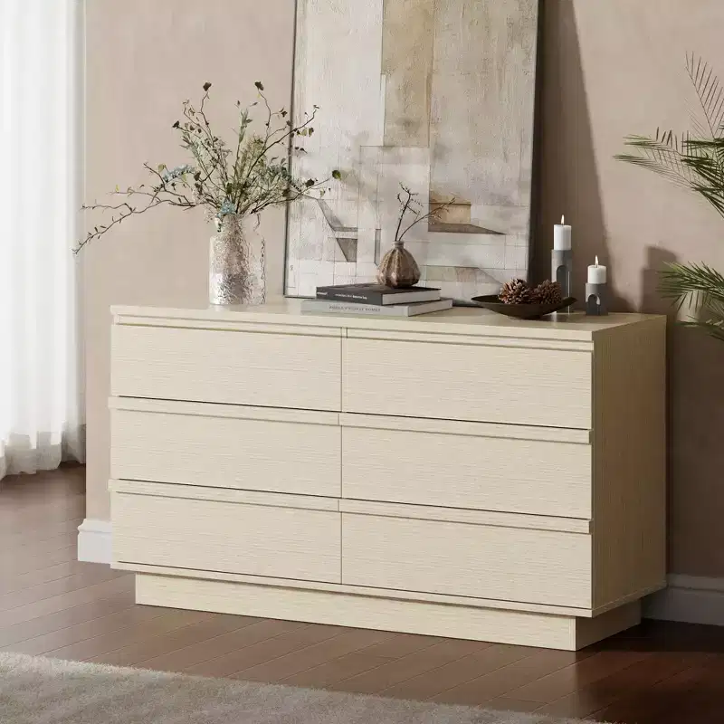 6-Drawer Wide Bedroom Dresser Natural Beech Modern Storage