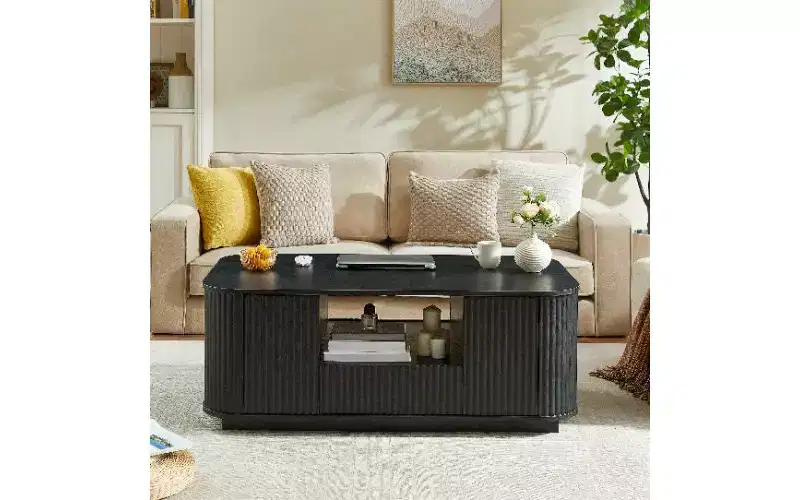 TUYOHW Wavy Curved Wooden Coffee Table with Ample Storage, Modern Rustic Center Table for Living Room, Luxury Oval Tea Table with Drawers