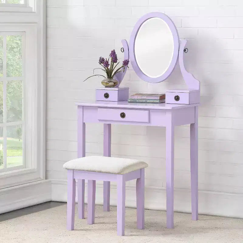 Contemporary Makeup Vanity Desk with Mirror, 3 Drawers, Matching Stool for Bedroom, Purple Finish, Space-Saving Design