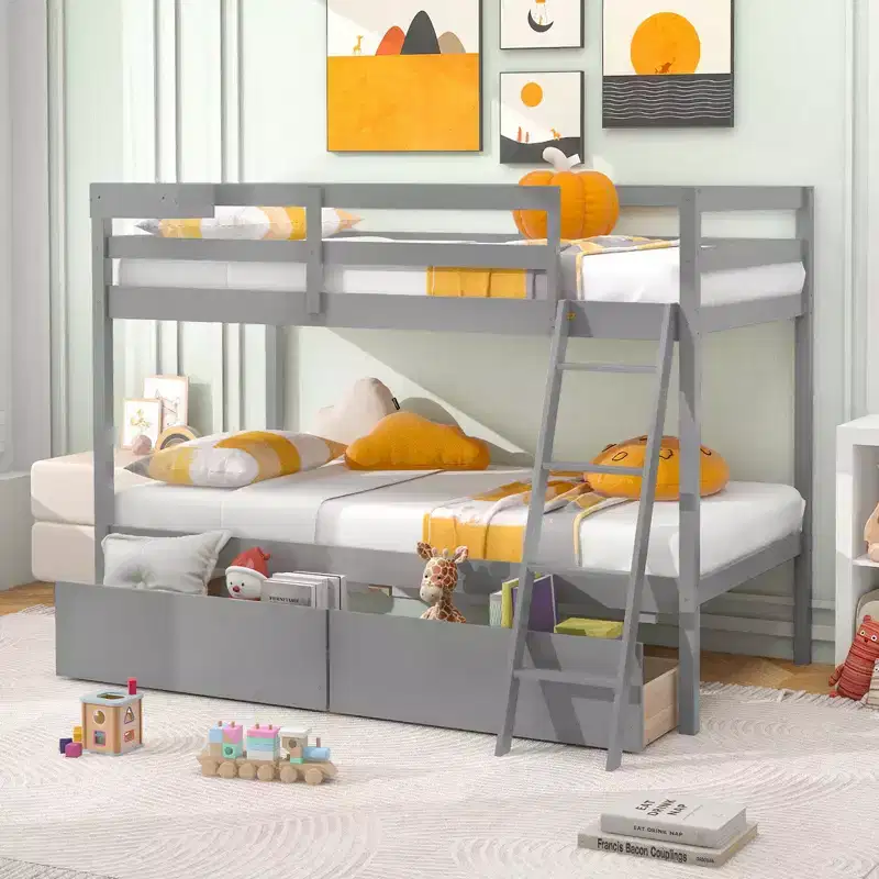 Costway Twin Over Twin Bunk Bed with 2 Storage Drawers Ladder No Box Spring Needed Gray/White