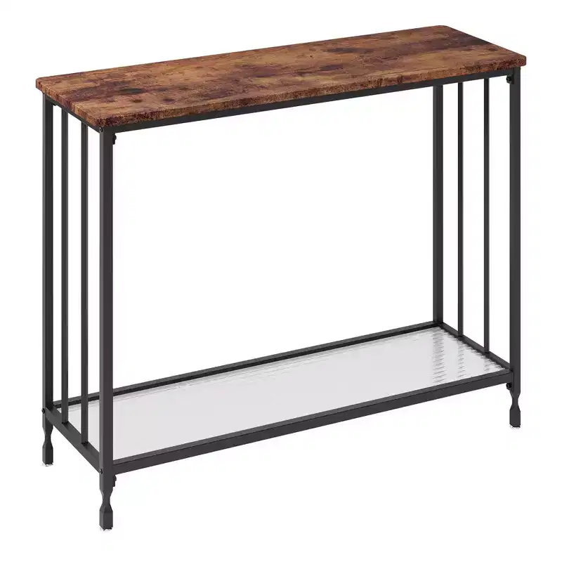 Console Table 2 Tier Industrial Entryway Table with Glass Shelf (Rustic Brown, for Living Room/Hallway/Bedroom)