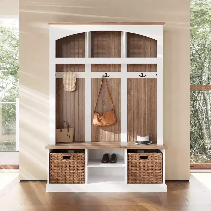 White and Oak Entryway Storage Bench with Hooks, Shelves, and 2 Woven Baskets Hall Tree