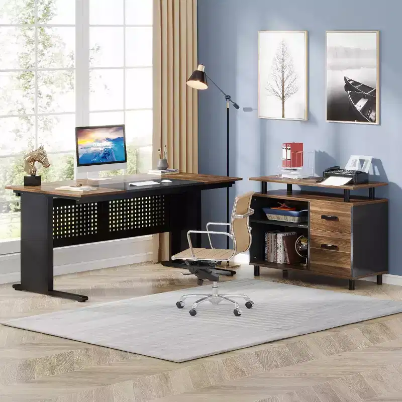 63 Inch L-Shaped Executive Desk with File Cabinet and Drawers for Home Office, Brown and Black