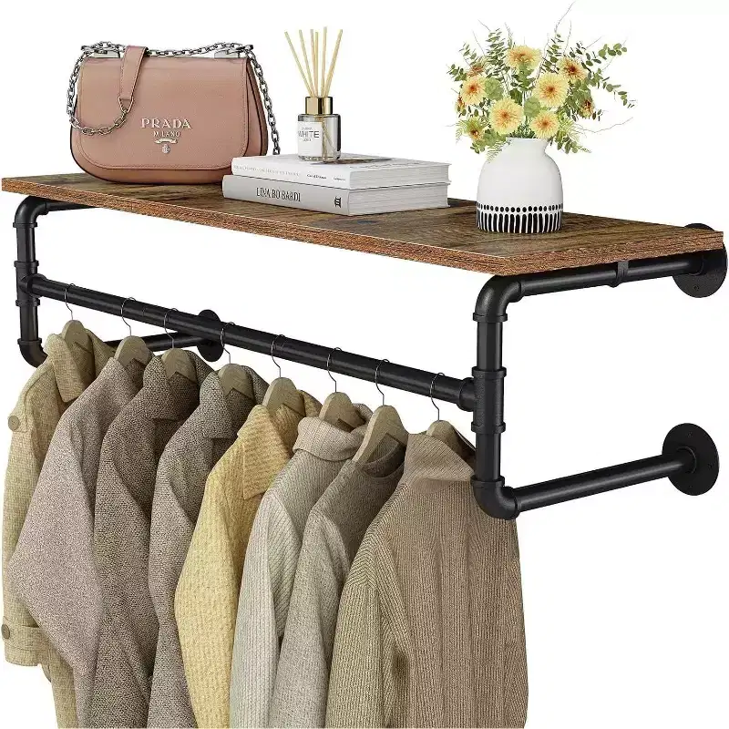 Home Collection Industrial Pipe Wall Mounted Clothes Rack with Top Shelf