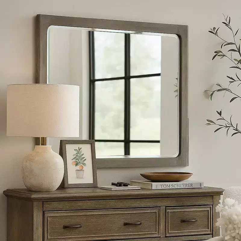 Dresser Mirror, Warm Gray Rubberwood, Beveled Edge, 40 Inch