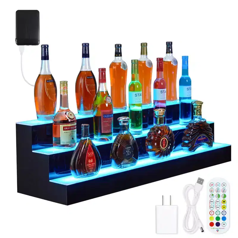 3-Tier 60 Inch LED Lighted Liquor Bottle Display Shelf, Acrylic, Multicolor RGB, Wall-Mounted, Remote & App Control, for Home/Commercial Bar Storage