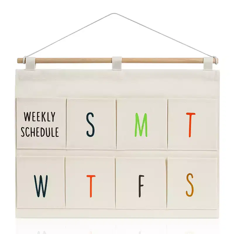 Wall Pocket Weekly Planner, 8-Pocket Hanging Organizer for Daily Schedule & To-Do List, Cotton-Linen, White