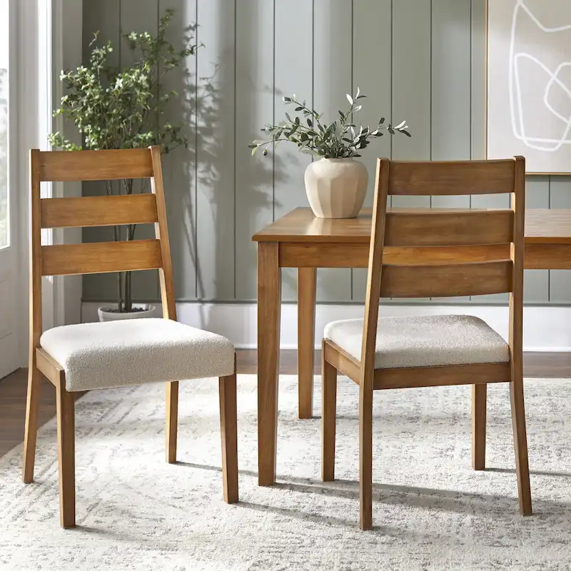 Modern Farmhouse Solid Wood Dining Chair with Boucle Seat, Set of 2