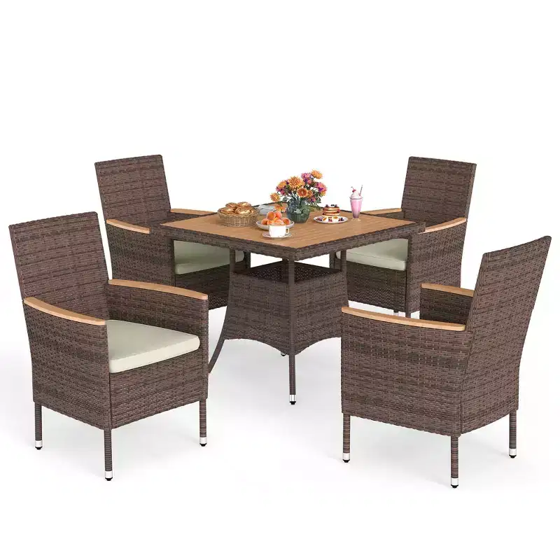 Patio Dining Sets for 4, All Weather Rattan Outdoor Table and Chairs with Acacia Wood Tabletop