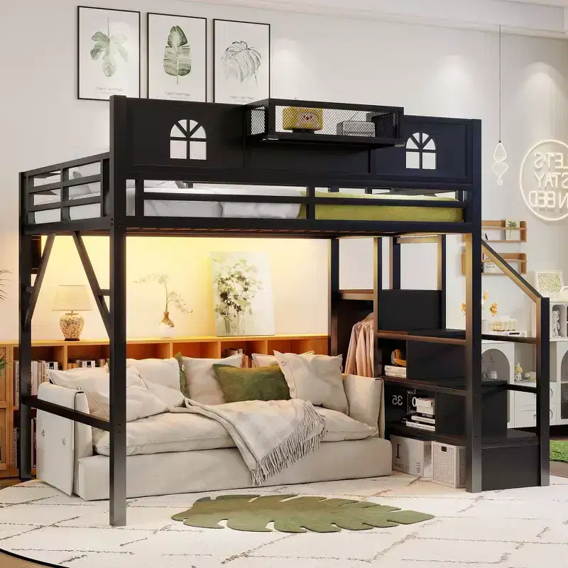 Metal Full Size Loft Bed with Stairs, High and House Shaped Guardrails & Wardrobe for Kids Teens