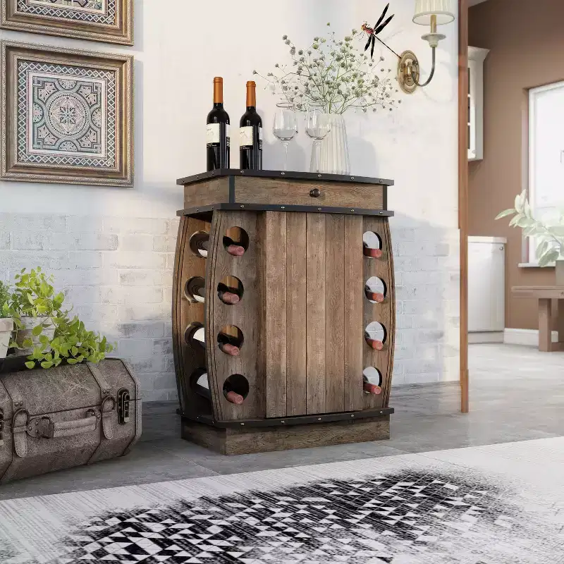 Mini Bar Cabinet with 8-Slot Wine Bottle Rack Reclaimed Oak Finish