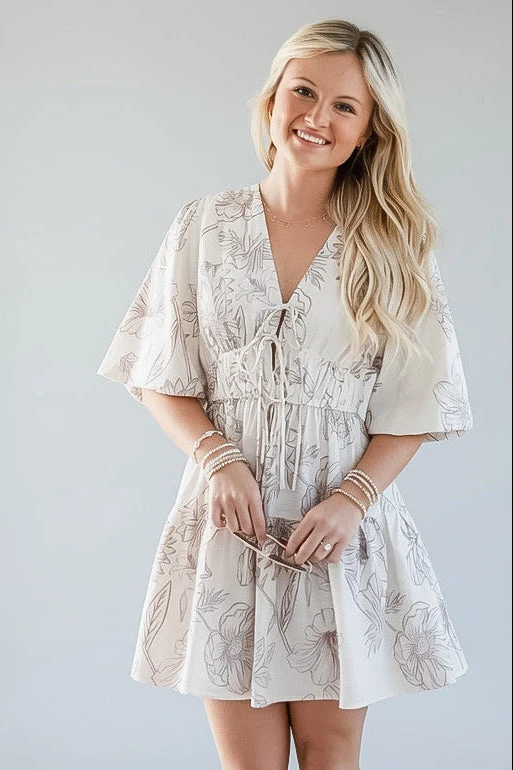Cream Floral Puff Sleeve Tie Front Mini Dress