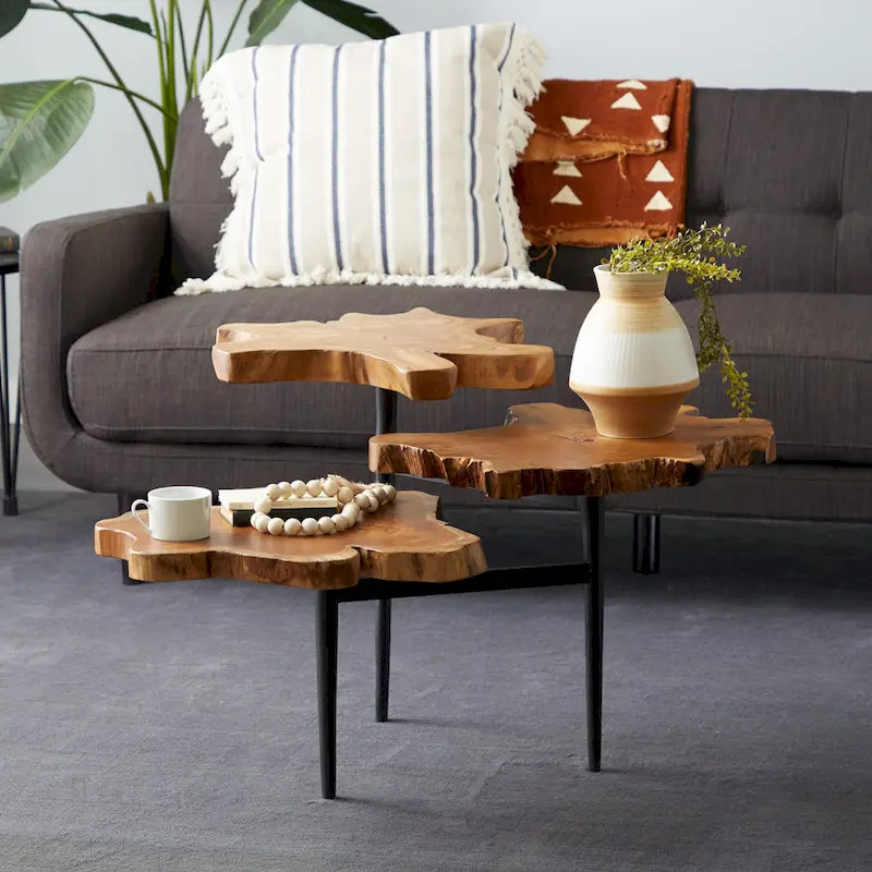 Teak Wood Handmade Live Edge 3 Tier Accent Table with Black Base - Brown - 36W x 34L x 24H