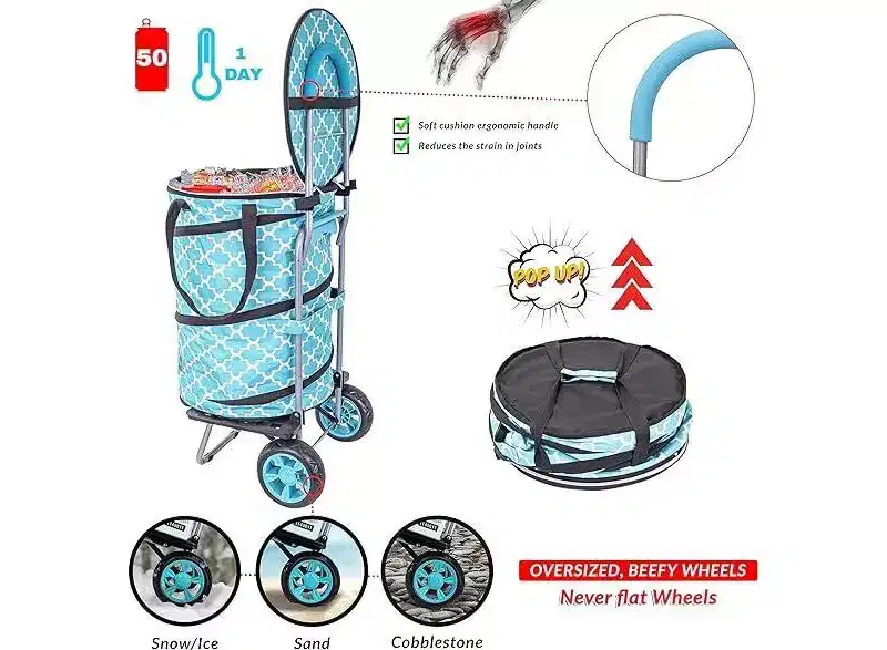 dbest products Bigger Cooler Trolley Dolly Insulated Folding Moroccan Tile Shopping Cart With Removable Bag Rolling Beach Tote Cooler