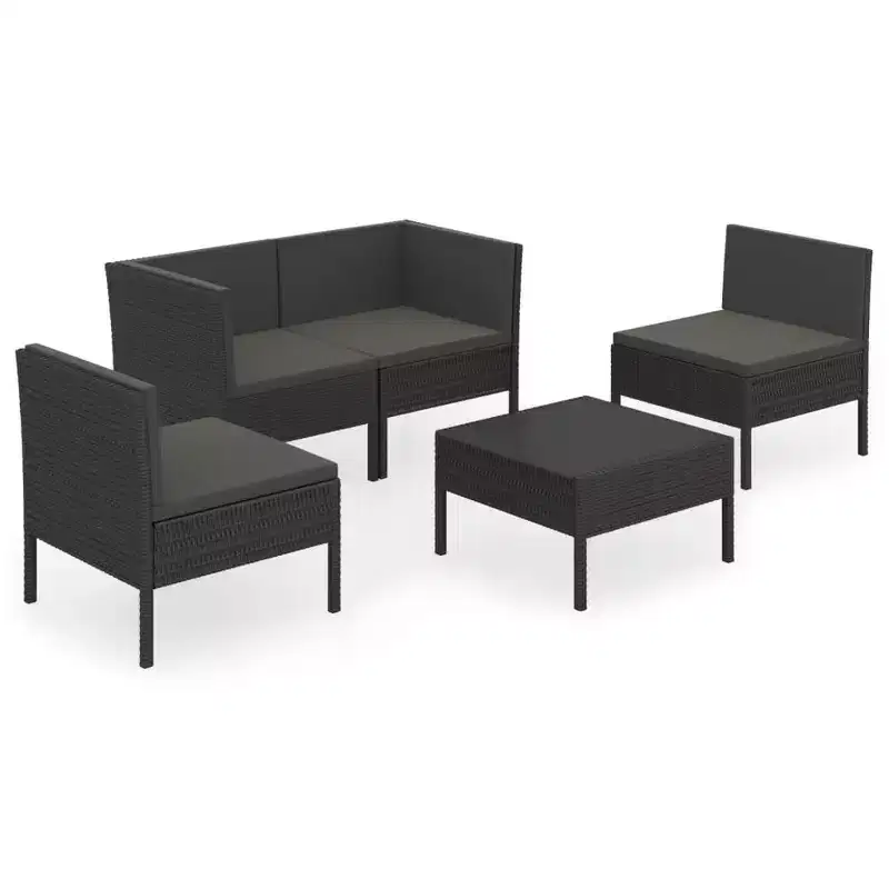vidaXL 5-Piece Black Poly Rattan Patio Lounge Set with Cushions - Versatile Outdoor Furniture for Garden and Deck