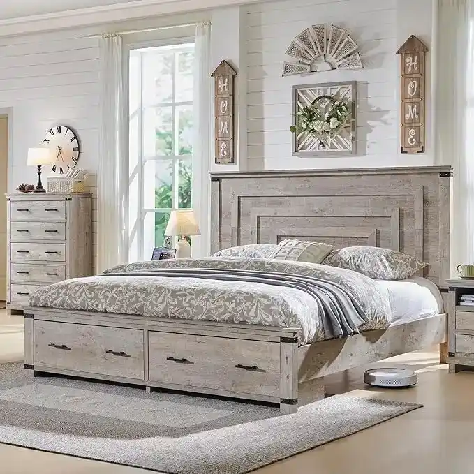 Farmhouse Queen Size Bed Frame w/ 54 Tall Headboard & 2 Large Drawers