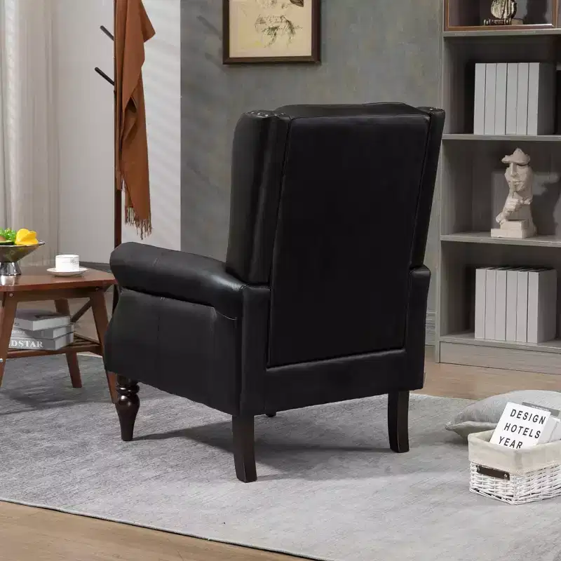 Wood Frame Armchair, Sturdy Wood Legs, Living Room Bedroom, Black PU